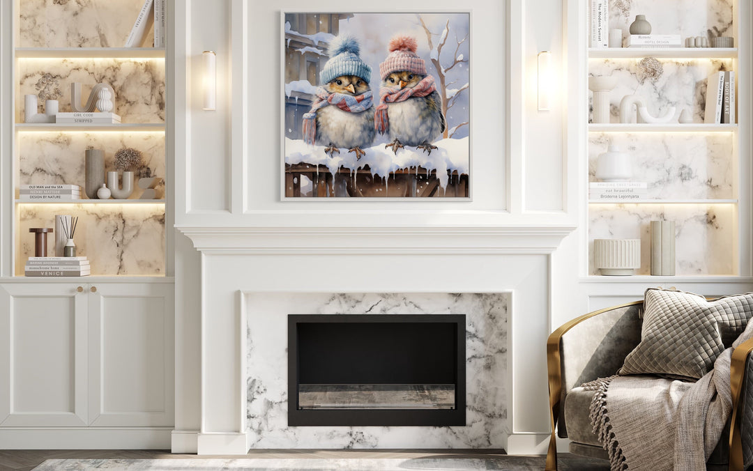 Cute Birds In Hats In Snow Winter Framed Canvas Wall Art in living room