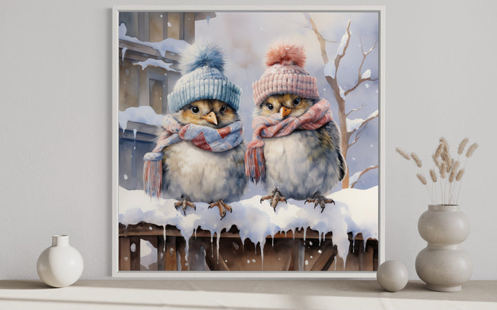 Cute Birds In Hats In Snow Winter Framed Canvas Wall Art close up