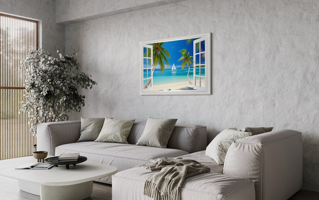 Caribbean Beach And Sail Boat Open Window View Wall Art above grey couch