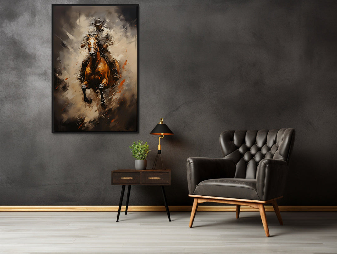 Cowboy Riding A Horse Framed Southwestern Wall Art in man cave