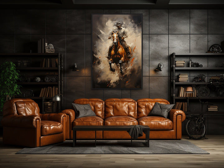 Cowboy Riding A Horse Framed Southwestern Wall Art in man cave