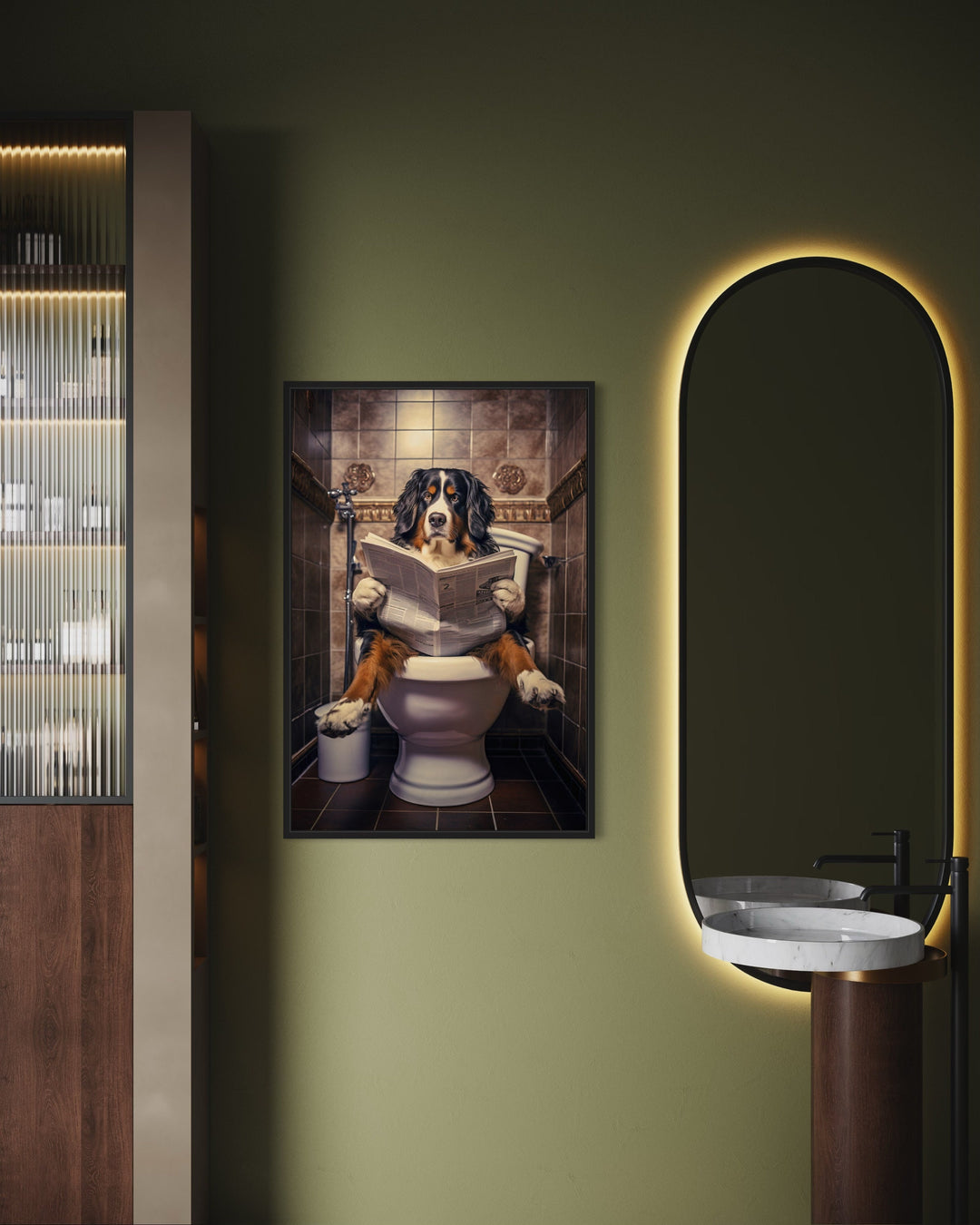 Bernese Mountain Dog On The Toilet Reading Newspaper Wall Art on green wall