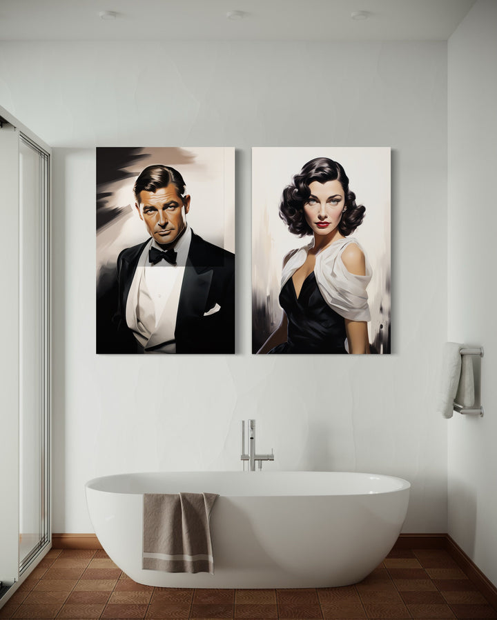 Set of 2 Male and Female Classy Bathroom Framed Canvas Wall Art above bathtub