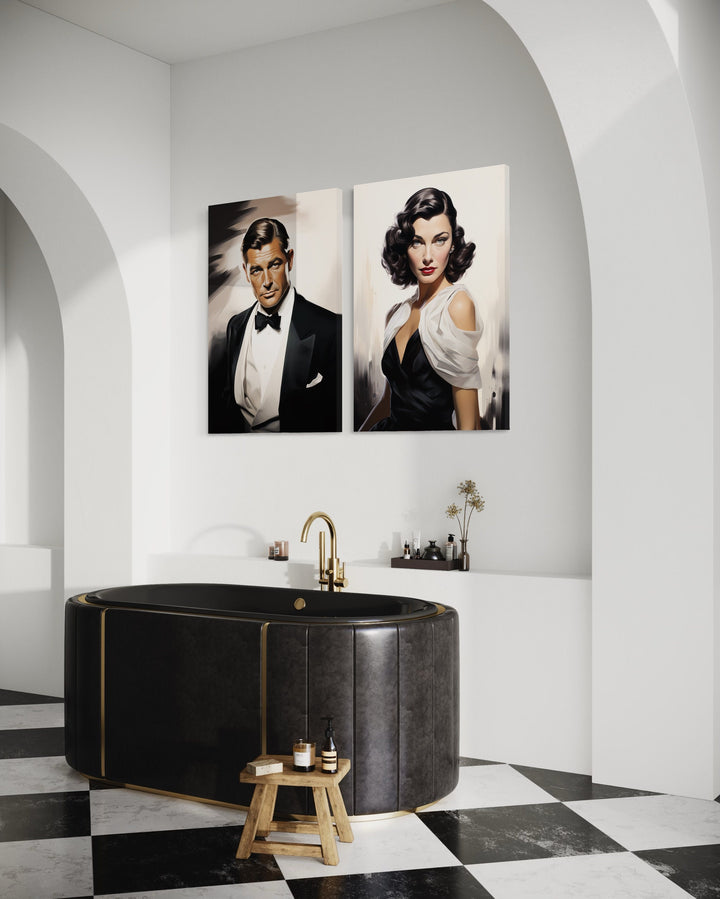 Set of 2 Male and Female Classy Bathroom Framed Canvas Wall Art above bathtub