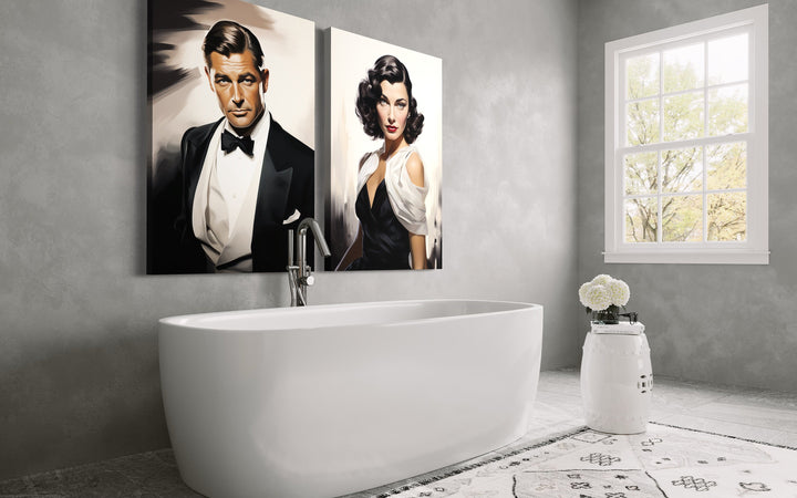 Set of 2 Male and Female Classy Bathroom Framed Canvas Wall Art above bathtub