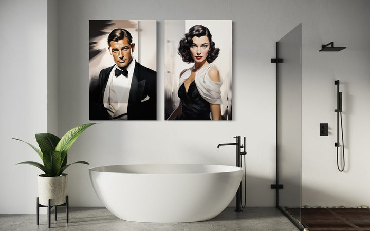 Set of 2 Male and Female Classy Bathroom Framed Canvas Wall Art above bathtub