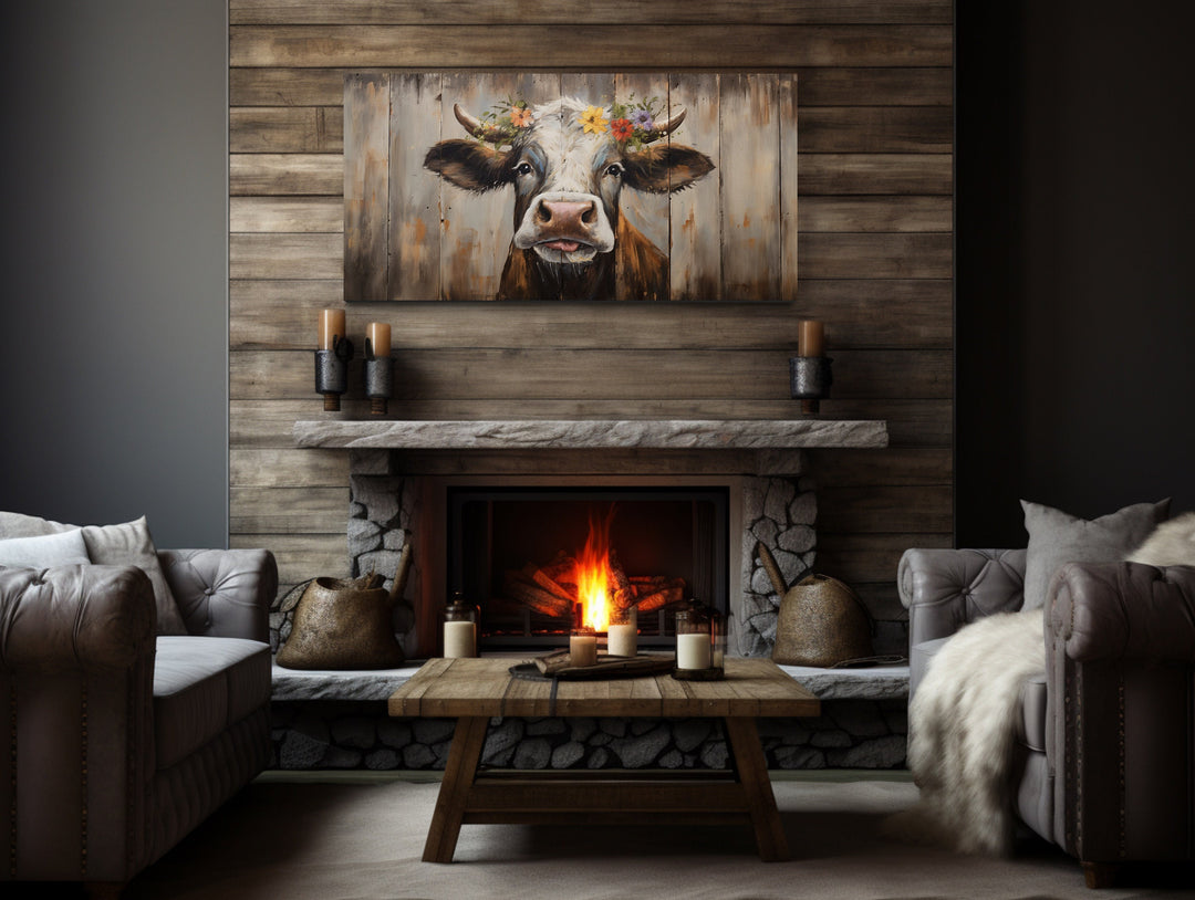 Curious Cow With Floral Wreath Farmhouse Wall Art above fireplace