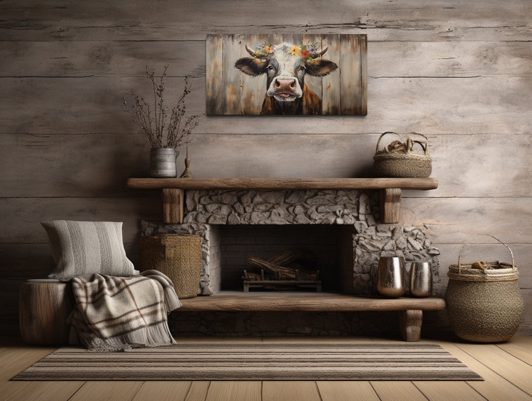 Curious Cow On Wood Rustic Framed Farmhouse Canvas Wall Art above fireplace