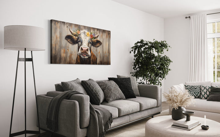 Curious Cow On Wood Rustic Framed Farmhouse Canvas Wall Art above grey couch