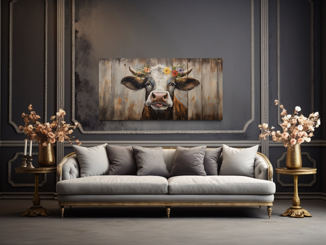 Curious Cow With Floral Wreath Farmhouse Wall Art above couch