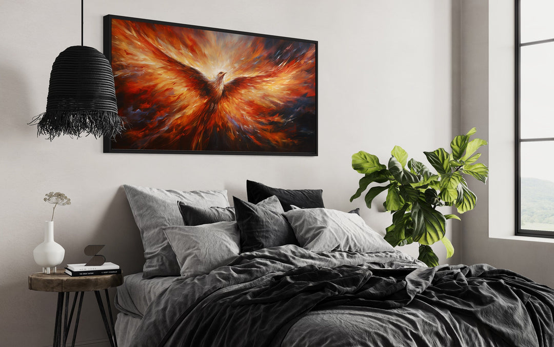 Rising Phoenix Extra Large Framed Canvas Wall Art in bedroom