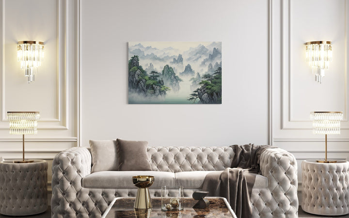 Traditional Chinese Mountain Landscape In Shan Shui Hua Style Framed Canvas Wall Art above couch