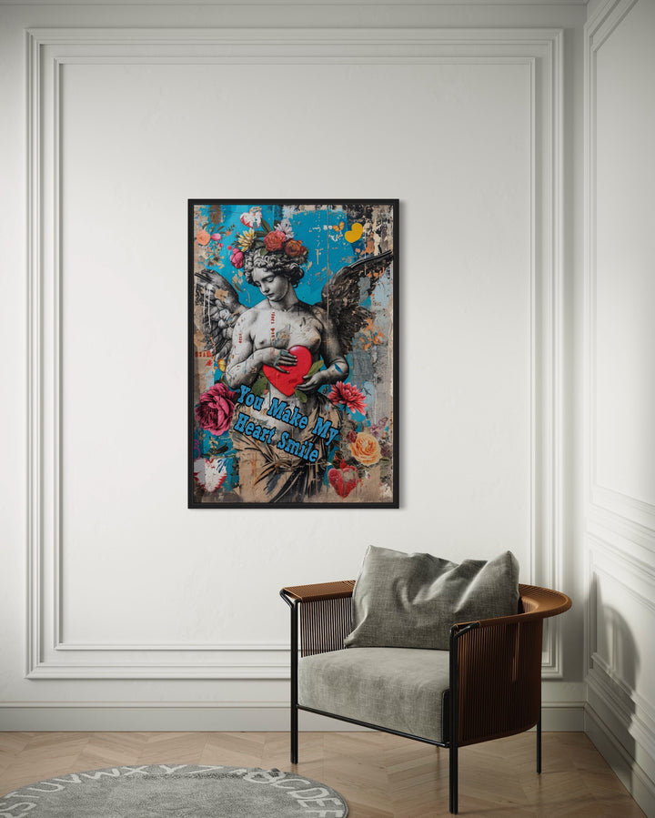 Graffiti Style Cupid Heart Romantic Framed Canvas Wall Art behind armchair