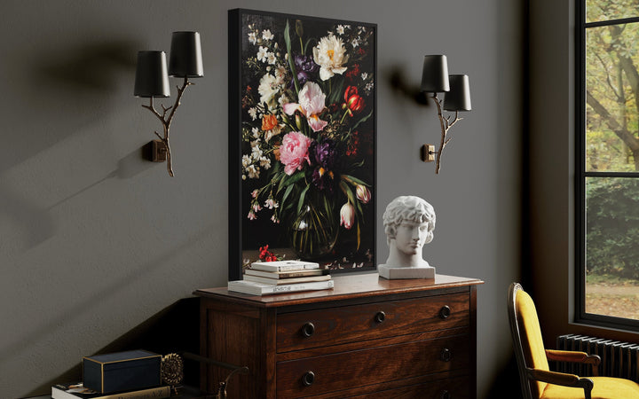 Moody Dark Academia Flowers Antique Style Framed Canvas Wall Art side view