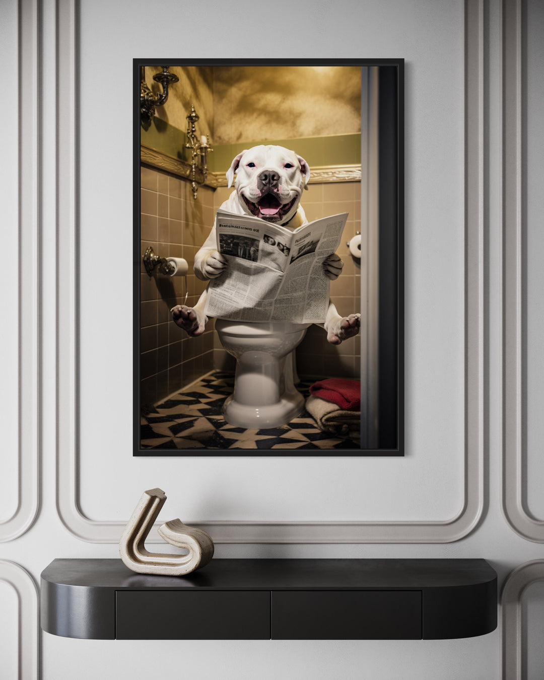 American Bulldog Dog On The Toilet Reading Newspaper Wall Art close up