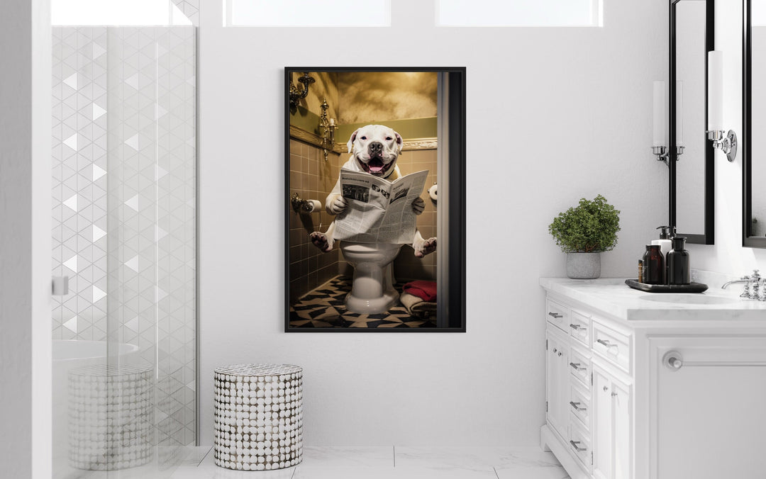 American Bulldog Dog On The Toilet Reading Newspaper Wall Art