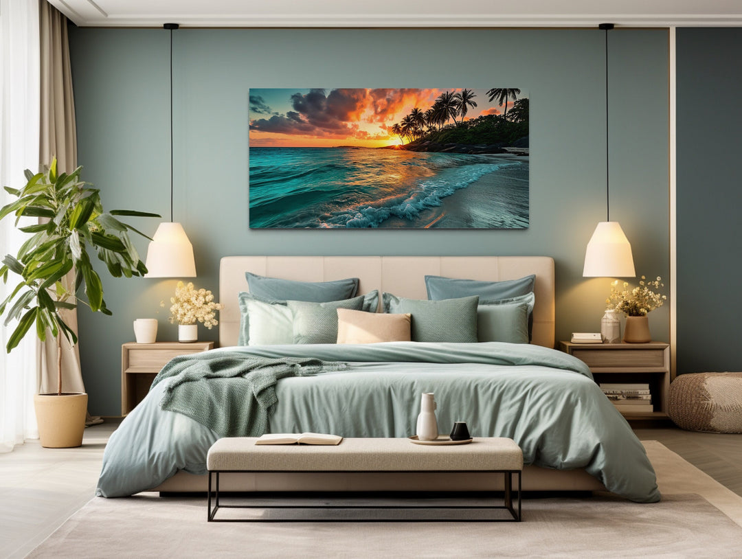 Tropical Beach Sunset Painting Coastal Framed Canvas Wall Art