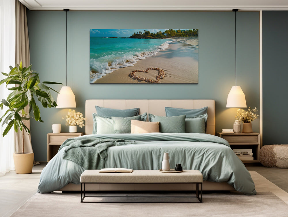 Tropical Beach With Heart Shaped Seashells Romantic Framed Canvas Wall Art above bed