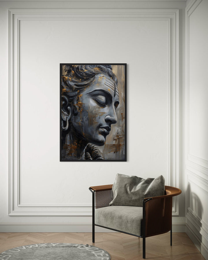 Lord Shiva Abstract Painting Indian Wall Art "Shiva's Gaze" behind armchair