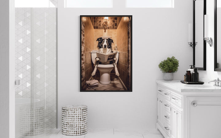 Border Collie Dog On The Toilet Reading Newspaper Wall Art in the bathroom