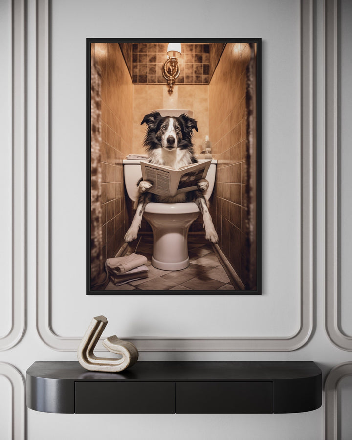 Border Collie Dog On The Toilet Reading Newspaper Wall Art