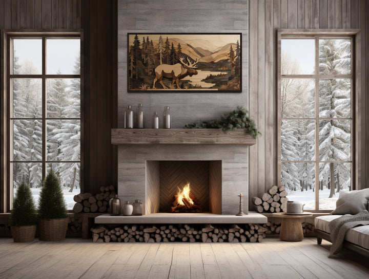 Moose In Mountains Wood Panel Effect Wall Art over mantel