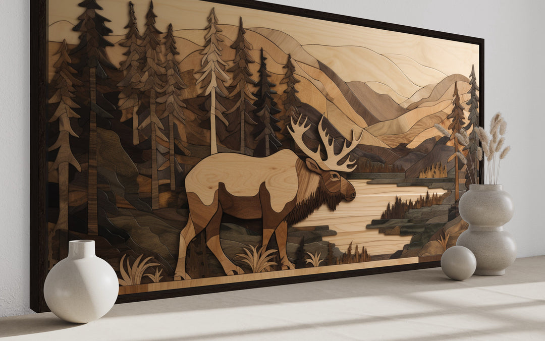 Moose In Mountains Wood Panel Effect Wall Art close up side vew