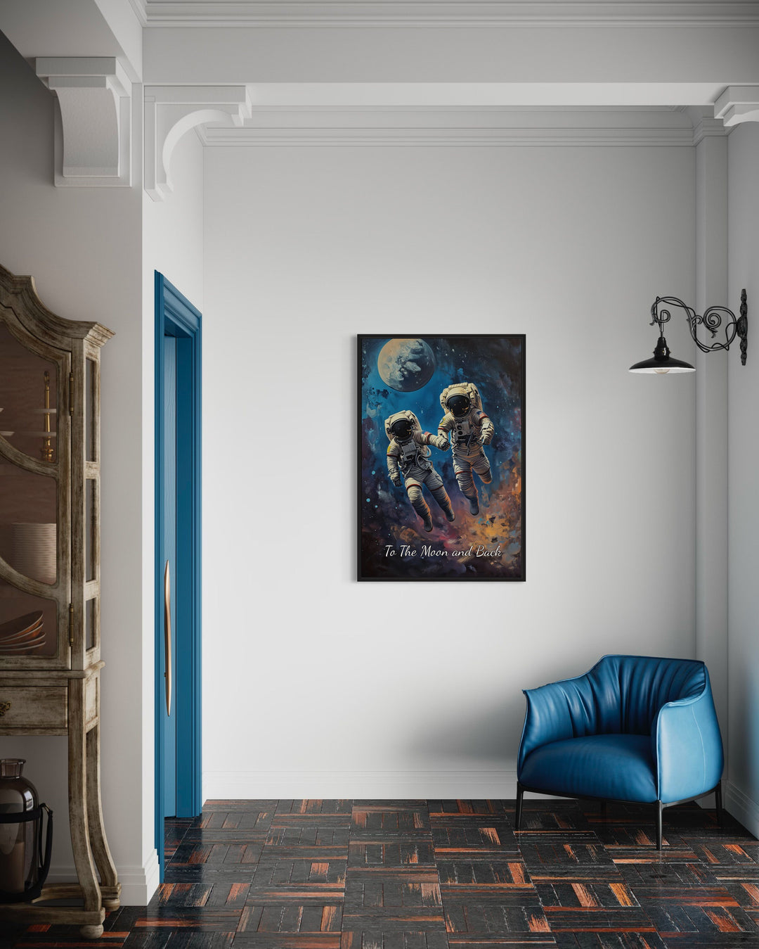 Astronauts Couple In Space Framed Canvas Wall Art in living room