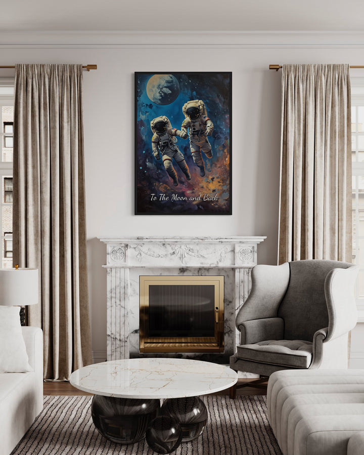 Astronauts Couple In Space Framed Canvas Wall Art above fireplace