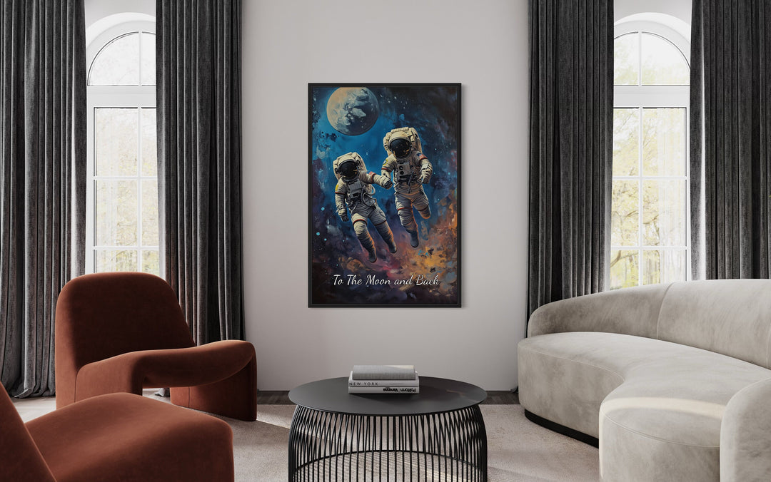 Astronauts Couple In Space Framed Canvas Wall Art in living room