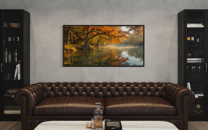 Guadalupe River In Fall Colors Texas Landscape Wall Art above brown couch