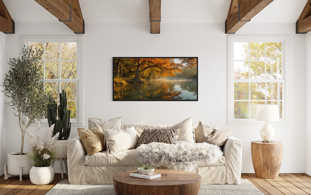 Guadalupe River In Fall Colors Texas Landscape Wall Art above beige couch