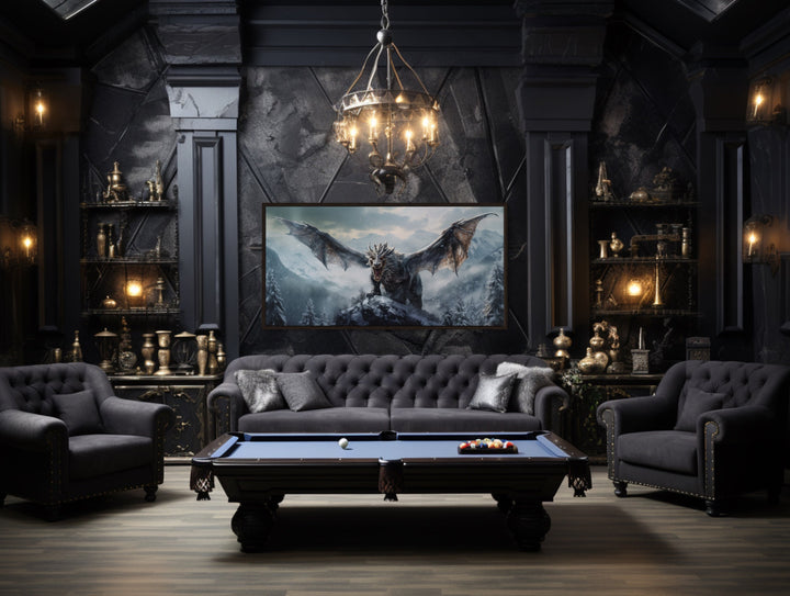 Dragon In Snowy Mountains Framed Canvas Wall Art in billiards room