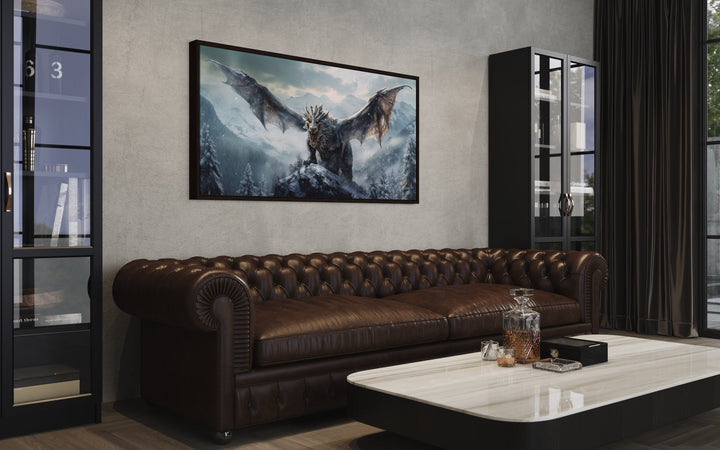 Dragon In Snowy Mountains Framed Canvas Wall Art in movie room