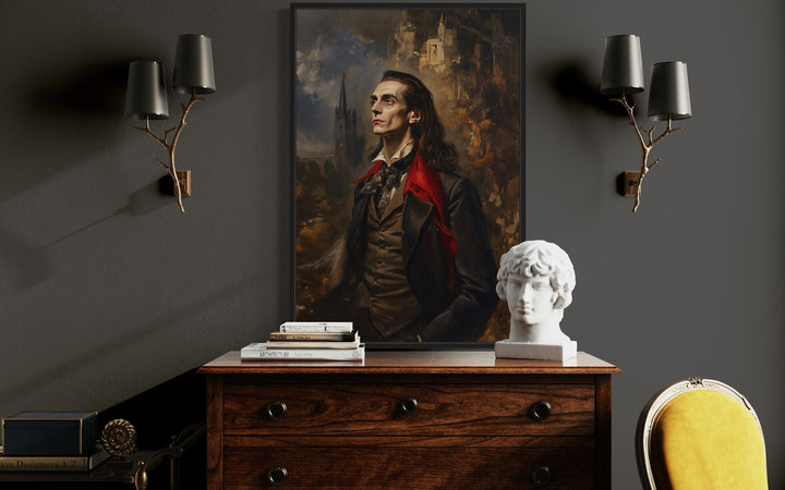 Vampire Near His Castle Gothic Framed Canvas Wall Art on the wall