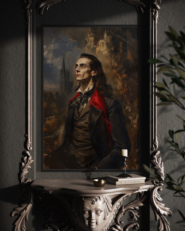 Vampire Near His Castle Gothic Framed Canvas Wall Art above side table with candle