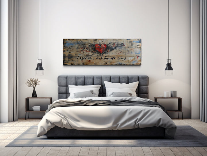 Rustic Over Bed Couples Bedroom Sign, Together Our Hearts Sing Wall Art above bed