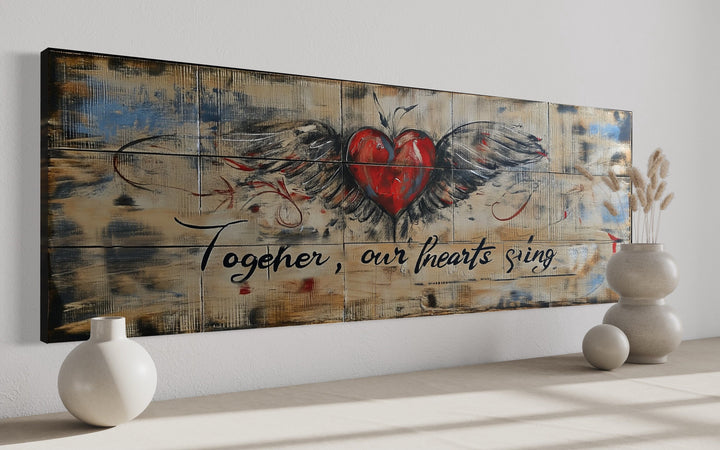 Rustic Over Bed Couples Bedroom Sign, Together Our Hearts Sing Wall Art above bed side view