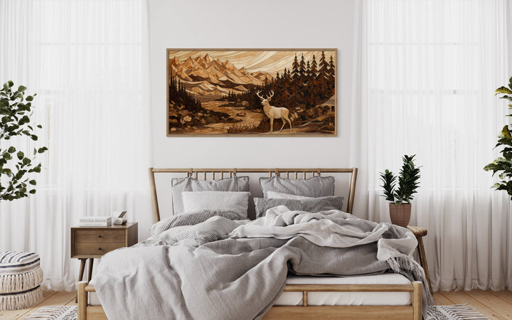 Cabin Decor Elk Painting in Mountain Forest above wooden bed