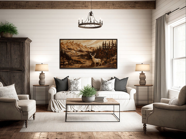 Cabin Decor Elk Painting in Mountain Forest above rustic couch