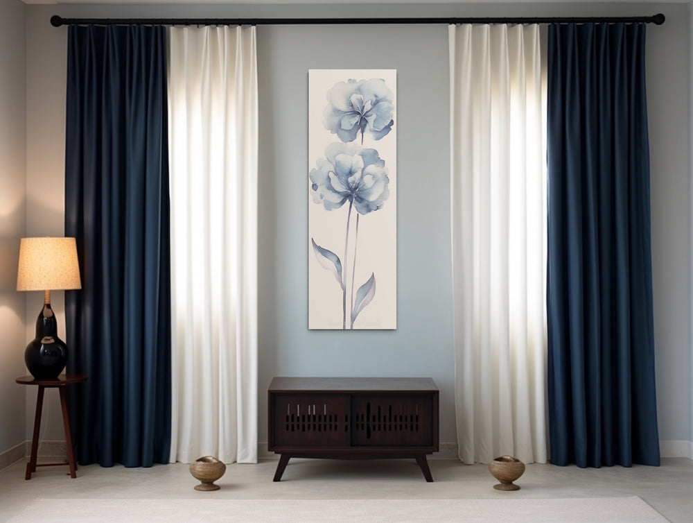 tall Narrow Pale Blue Floral Vertical Framed Canvas Wall Art