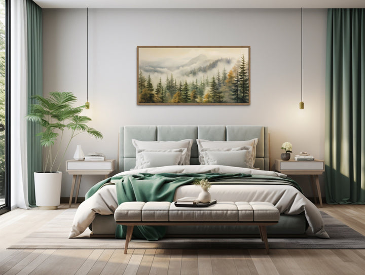 Sage Green Foggy Fir Tree Forest Framed Canvas Wall Art above bed