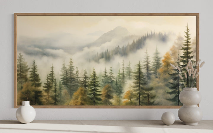 Sage Green Foggy Fir Tree Forest Framed Canvas Wall Art close up