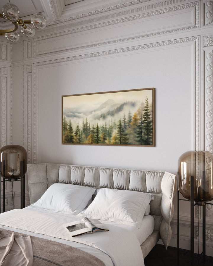 Sage Green Foggy Fir Tree Forest Framed Canvas Wall Art above bed