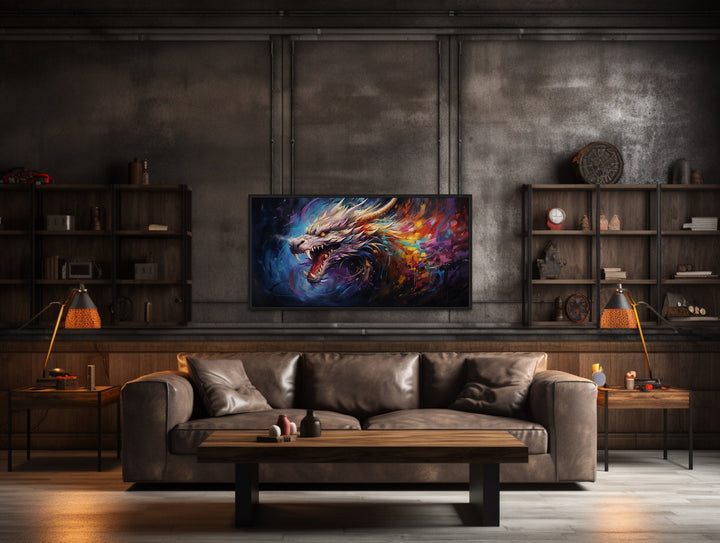 Colorful Dragon Abstract Statement Framed Canvas Wall Art in home theater