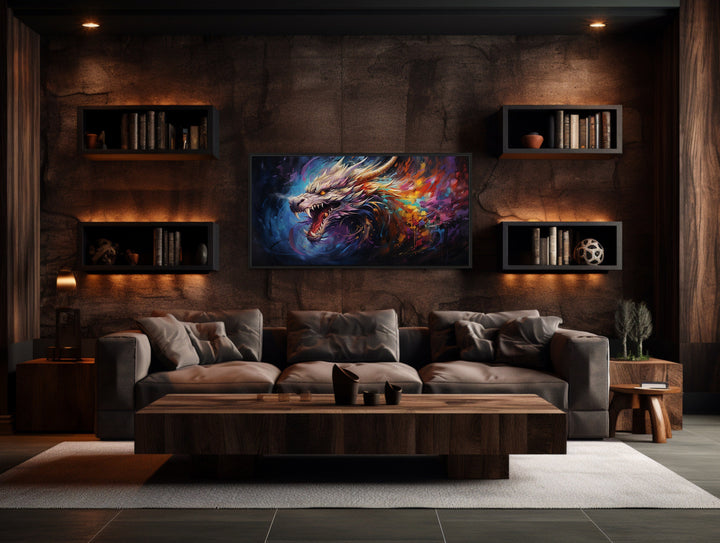 Colorful Dragon Abstract Statement Framed Canvas Wall Art in basement room