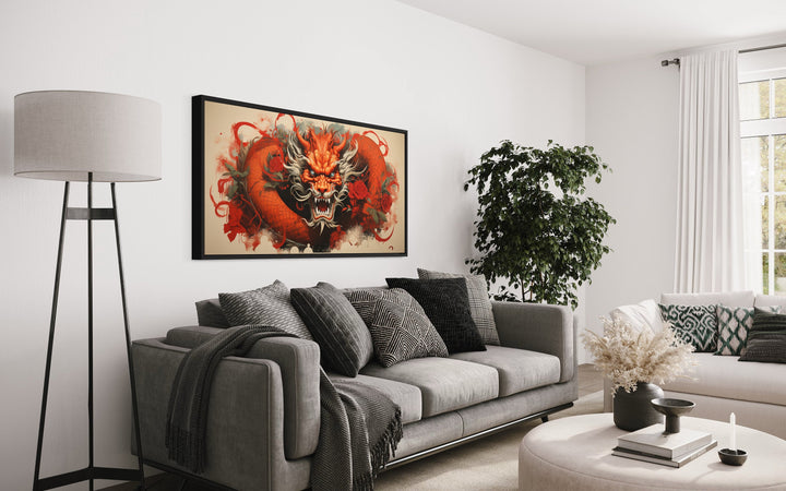 Red Dragon Graffiti Framed Canvas Wall Art in living room