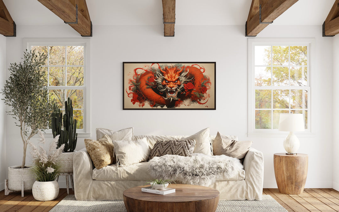 Red Dragon Graffiti Framed Canvas Wall Art above beige couch