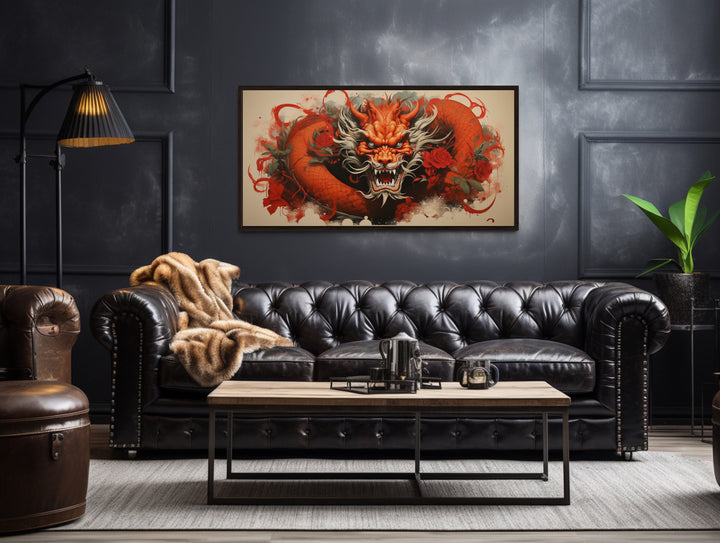 Red Dragon Graffiti Framed Canvas Wall Art in man cave