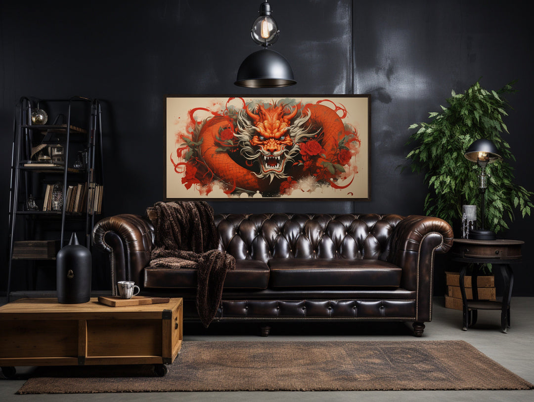 Red Dragon Graffiti Framed Canvas Wall Art in man cave